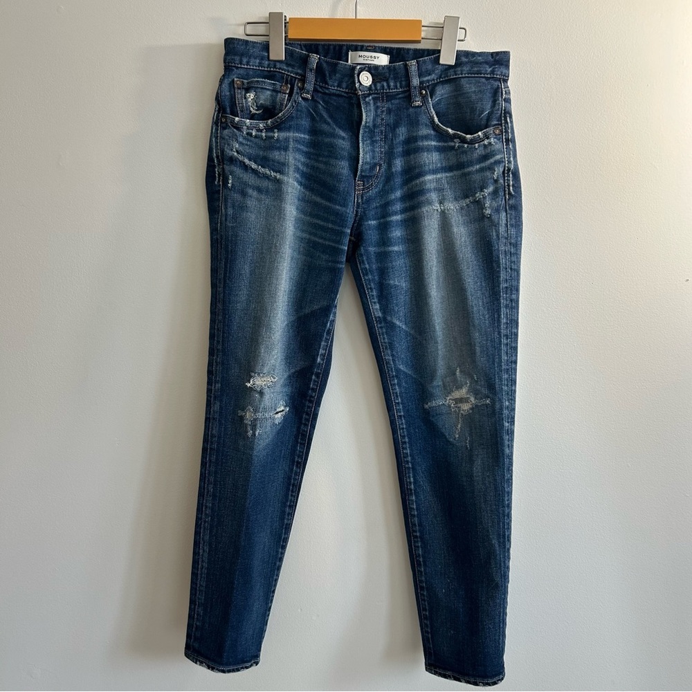 Moussy Dark Blue Straight Leg Jeans with Distressed Details